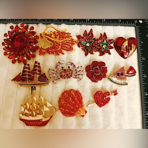Lot of 11 Red Crystal Brooch Lot Choice: Christmas Flower Heart Ship Dragon Crab